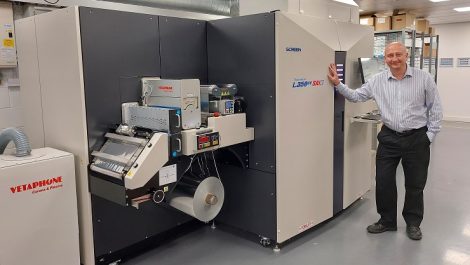 Dr Adrian Steele, managing director at Mercian Labels, with the Screen Truepress Jet L350UV SAI E